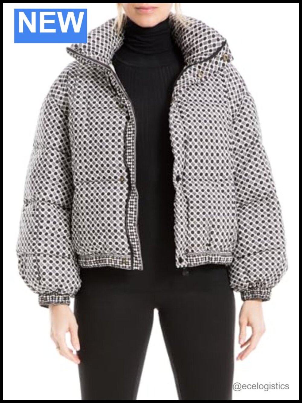 Women's Cropped Quilted Puffer Jacket with Hood, Zipper & Button Closure